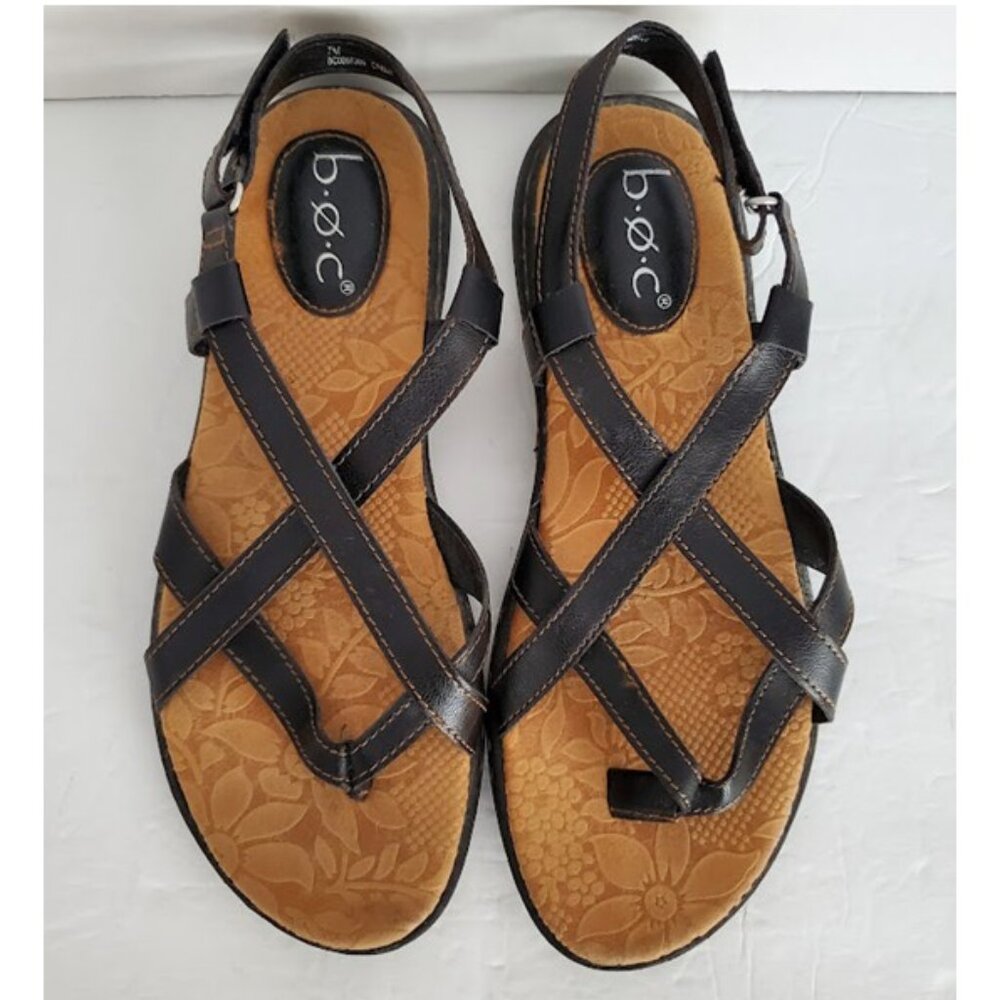 b.o.c. Black Comfort Flat Strappy Thong Sandal Faux Leather Velcro Closure  Sz 7